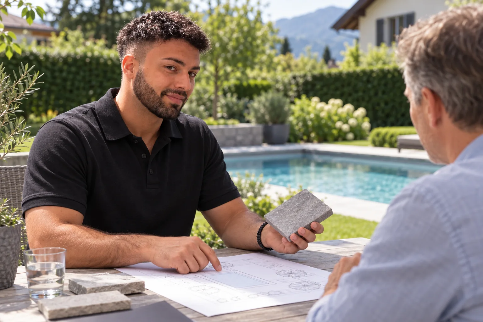 Hannes bespricht Poolplanung und Randsteinmuster am Gartentisch