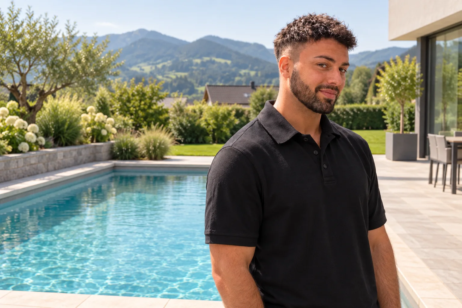Hannes auf einer Terrasse neben einem Gartenpool