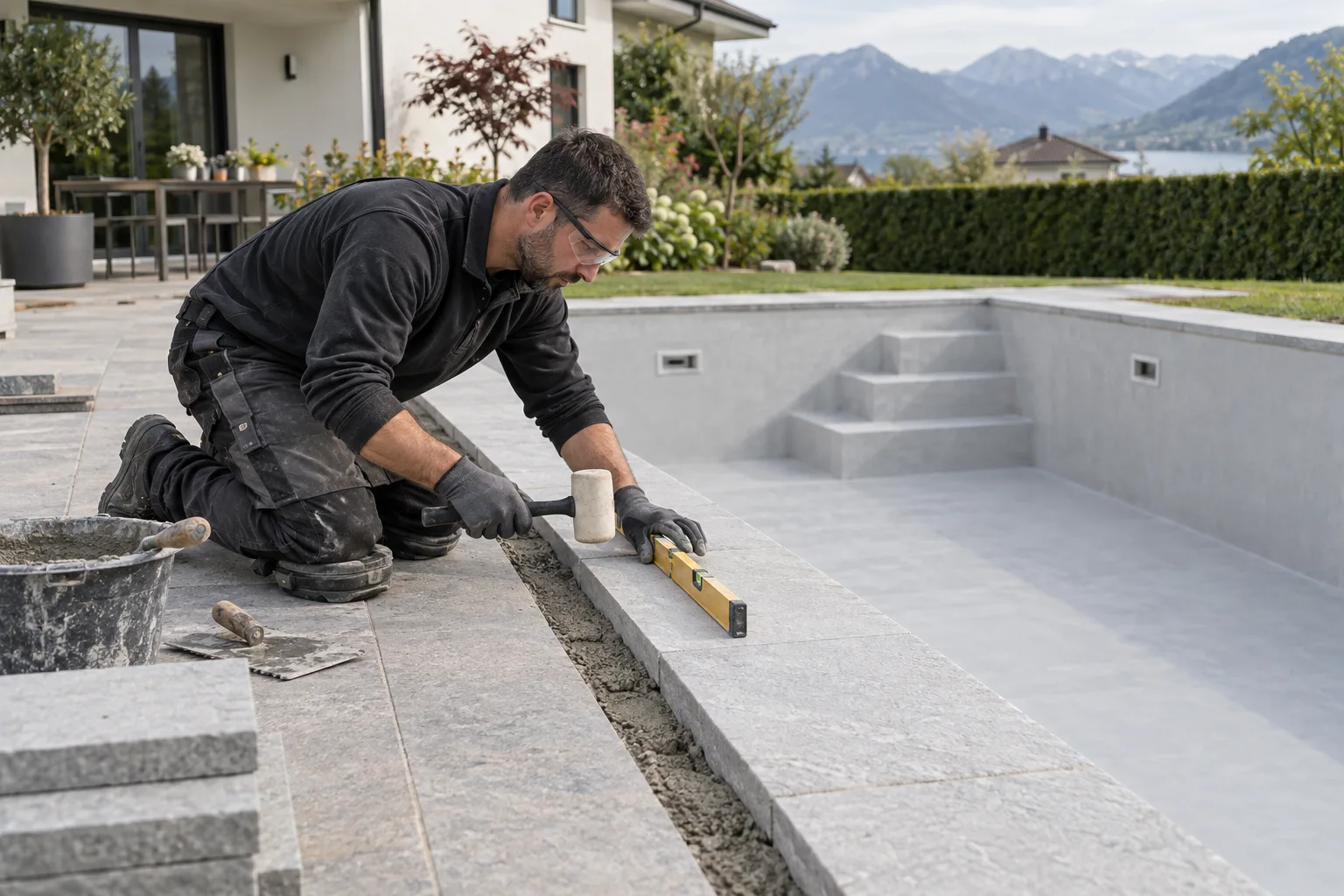 Handwerker richtet einen Poolrandstein mit Wasserwaage aus – KI-Visualisierung